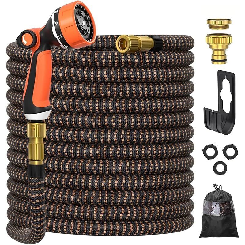 Ultty 15m Gartenschlauch, Dehnbar, Mit 1/2" Und 3/4" (19mm Und 13mm) Adaptern, 10 Bewässerungsmodi, Strapazierfähiges Dreilagiges Latex Mit Messinganschlüssen Und Tasche, Orange.