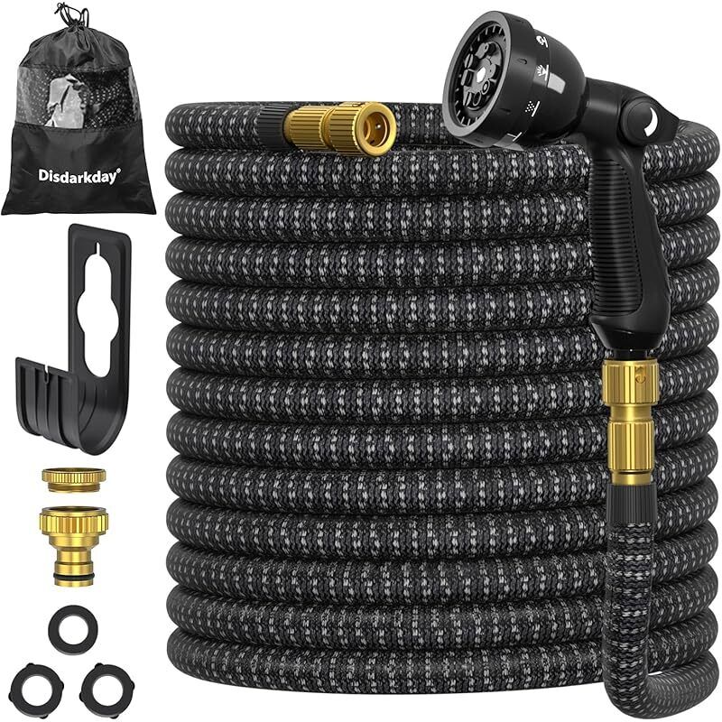 30 M/100 Ft Dehnbarer Gartenschlauch Mit 1/2"- Und 3/4"-adaptern, 10 Bewässerungsmodi, Strapazierfähigem Dreilagigem Latex, Inklusive Zubehör Und Tasche, Schwarz.