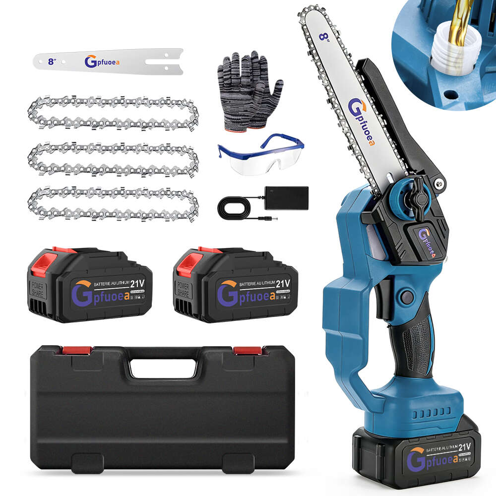 Elektrische Mini-kettensäge, 8 Zoll – Bürstenloser Motor, 2 × 4,0 Ah 21-v-akku, 3 Ketten – Automatische Schmierung