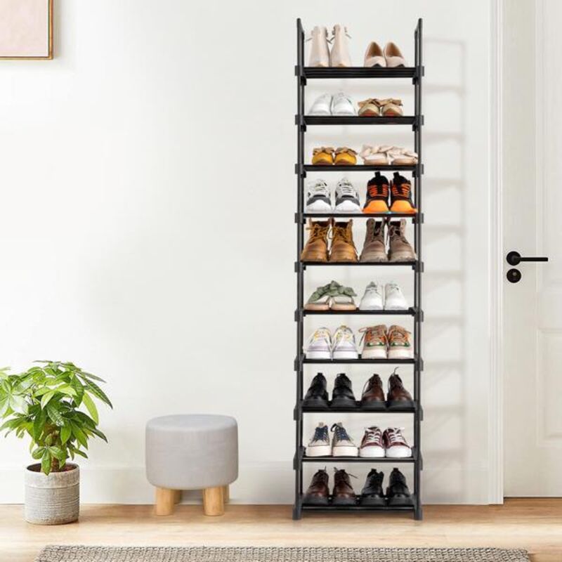 Étagère À Chaussures Noire De 45 X 30 X 174 Cm, Composée D'Une Couche De 4 Tubes Et De 10 Couches De Tubes En Fer De 13 Mm De Diamètre, Recouverte De Plastique.