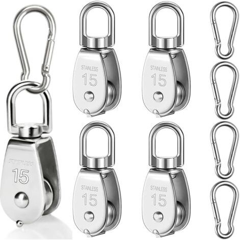 Lan Set Aus 4 M15 Edelstahl-seilrollen, Rücklaufrolle Mit 4 M6 Karabinern, Geringe Tragfähigkeit Von 35 Kg Für Sonnensegel, Fitnessgeräte, Winden.