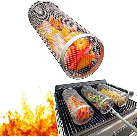 Lan Edelstahl-grillkorb, Gemüsekorb Für Den Außenbereich, Zylindrischer Grillkorb, Grillzubehör, Drahtkorb Für Gemüse, Garnelen Und Steaks