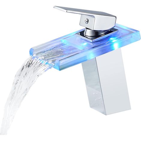Lan Led-wasserfall-waschtischarmatur Aus Glas – Warm- Und Kaltwasserarmatur – 3 Wechselnde Farben – Messingkorpus