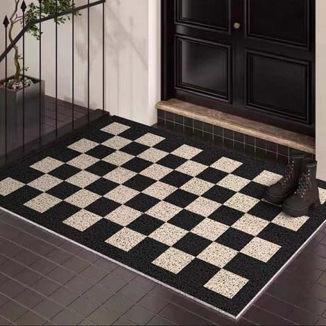 Lan Fußmatte Mit Schwarz-weißem Karomuster, 4060 Cm (seidenschlinge). Fleckenabweisende Und Pflegeleichte Fußmatte Aus Seidenschlinge Mit Rutschfester Oberfläche.