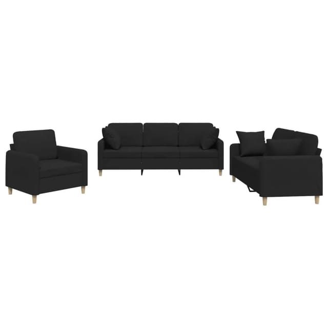 vidaXL 3-Tlg Sofagarnitur mit Kissen Schwarz Stoff 3202074
