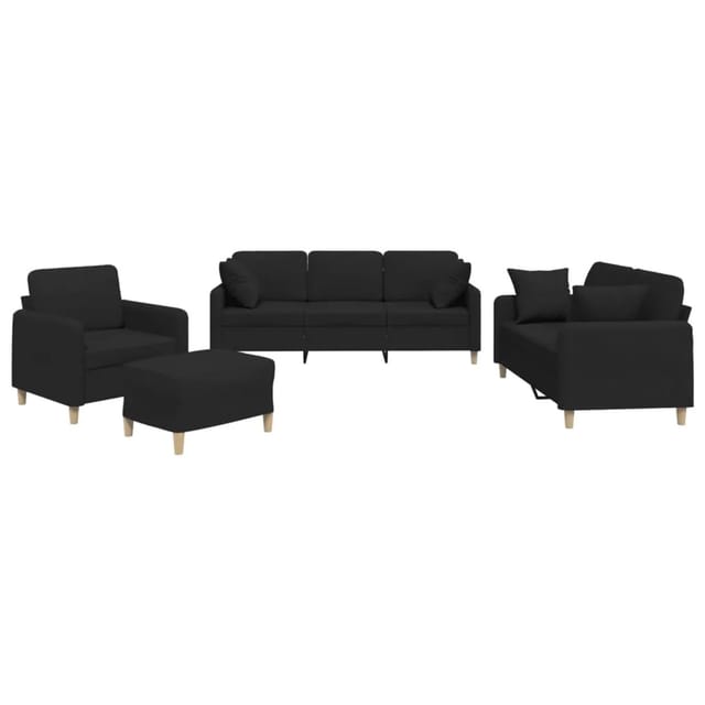 vidaXL 4-Tlg Sofagarnitur mit Kissen Schwarz Stoff 3202082
