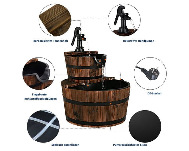 Costway Brunnen Holz Gartenbrunnen mit Pumpe Braun 44,5 x 61 cm