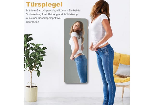 Costway Wandspiegel Türspiegel mit Bambusrahmen & Abgerundeten Ecken