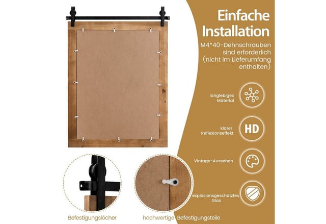 Costway Rechteckiger Spiegel mit Holzrahmen Braun