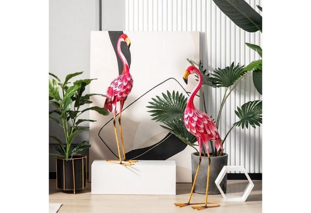 Costway 2er Set Flamingo Gartenstatuen Metallfigur Rosa