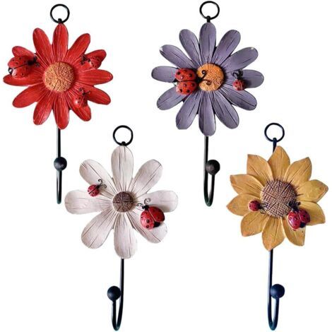 Set Mit 4 Kreativen, Gänseblümchenförmigen Wandhaken – Verschiedene Farben – Dekorative Blumenhaken – Handbemalt – Für Mäntel, Hüte, Schlüssel, Handtücher