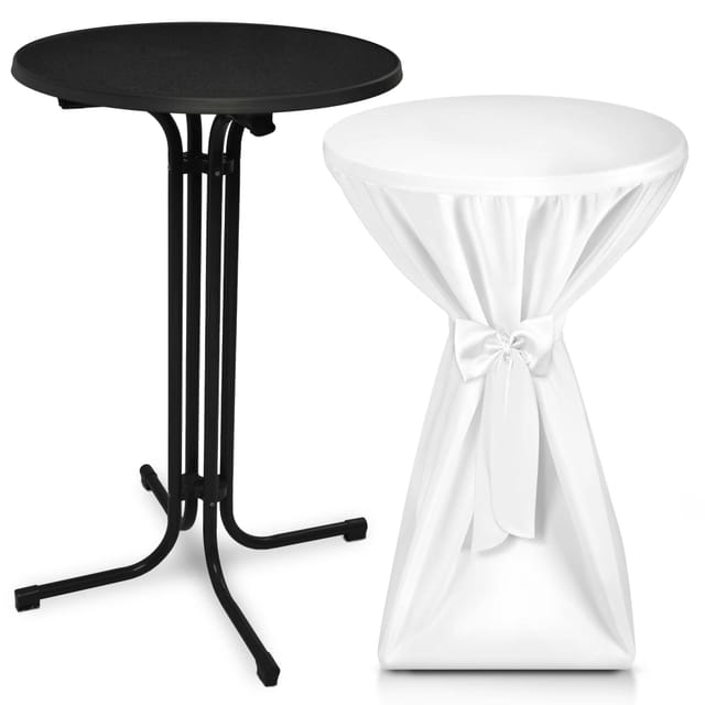 Beautissu Bellini Stehtisch Ø 60cm Schwarz mit Premium Stehtischhusse Ø 60cm Weiß
