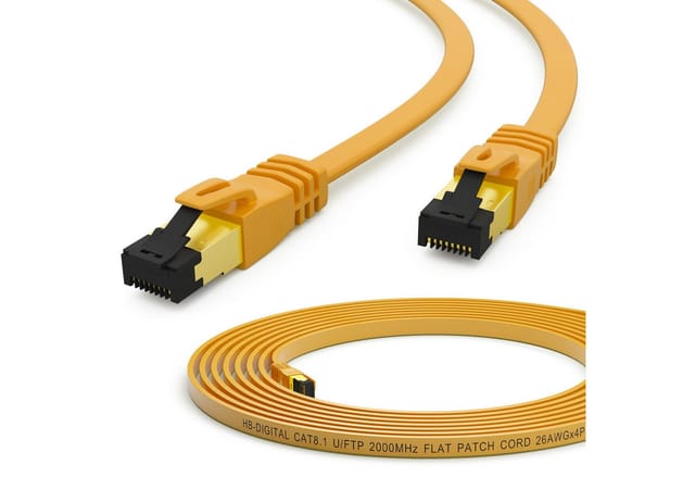 hb-digital Patchkabel 10m Flach CAT 8.1 RJ45 U/FTP PVC 40Gbps 2000 MHz Reines Kupfer Gelb