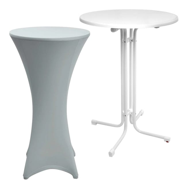 Beautissu Sylt Stehtisch Ø 80cm Weiß mit Stella Stehtischhusse Ø 80cm Silber
