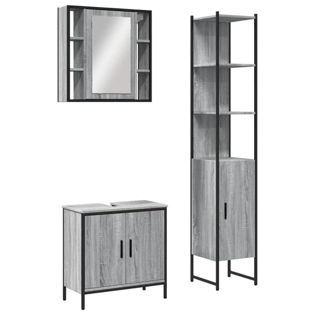 vidaXL 3-Tlg Badmöbel-Set Grau Sonoma Holzwerkstoff 3214743