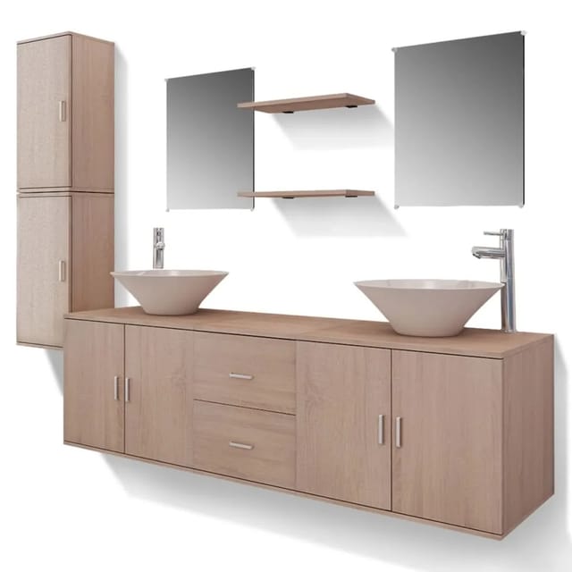 vidaXL 11-Tlg Badmöbel-Set mit Waschbecken und Wasserhahn Beige 273688