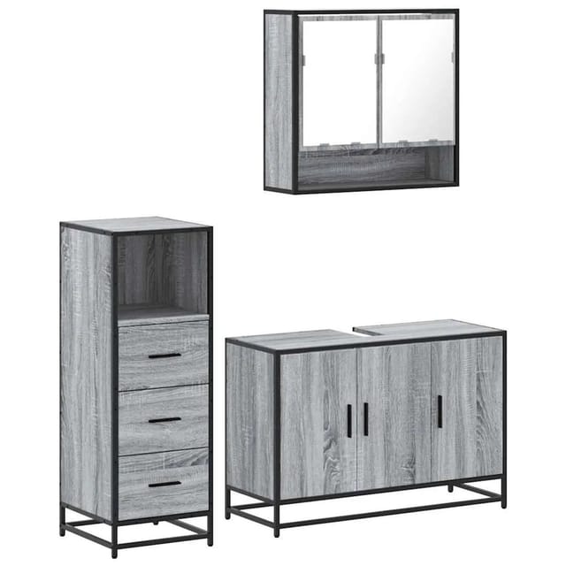 vidaXL 3-Tlg Badmöbel-Set Grau Sonoma Holzwerkstoff 3301043