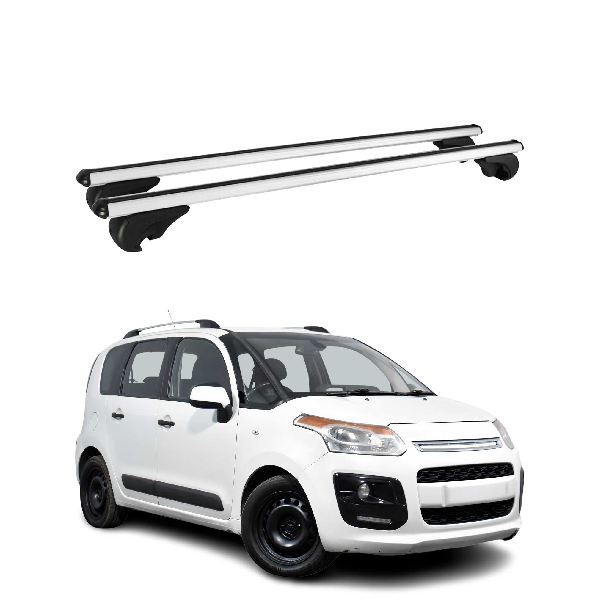 Omac Aluminium Dachträger Querträger Für Citroen C3 Picasso 2009-2016 – Tüv / Din 75302:2019 – Abschließbar – Max. 75 Kg – 2 Stangen Silber