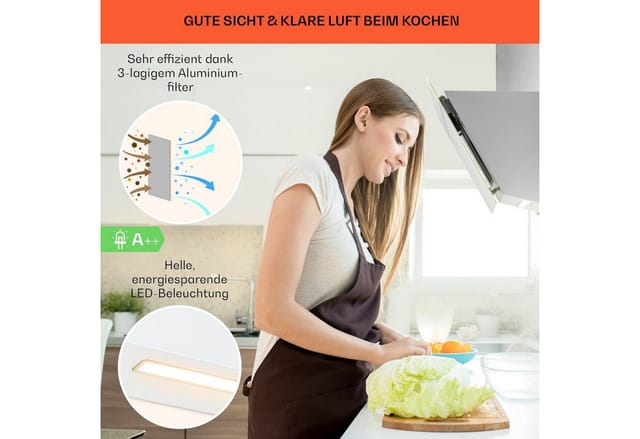 Klarstein Ava 90 Dunstabzugshaube 90cm Wandhaube WiFi A++ 515m³/h Touch Weiß