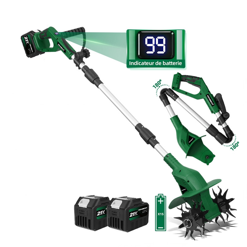 Klappbare Elektrische Motorhacke (arbeitstiefe: 15 Cm, Arbeitsbreite: 20 Cm, 4 Stahlmesser, Led-display) Mit Zwei Akkus 4500 Mah