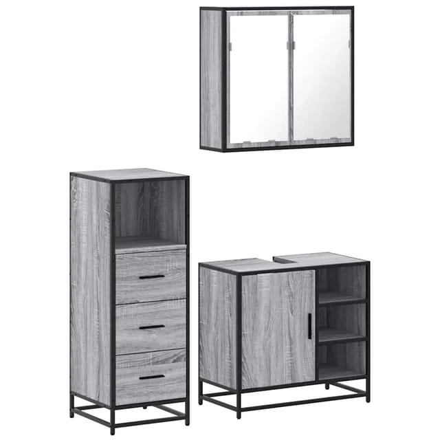 vidaXL 3-Tlg Badmöbel-Set Grau Sonoma Holzwerkstoff 3301028