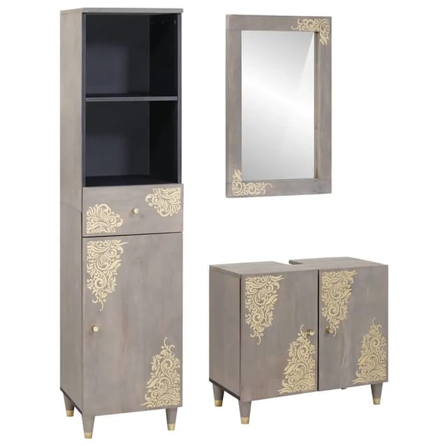 vidaXL Badezimmermöbel Set 3-Tlg Grau Massives Mangoholz 3310154