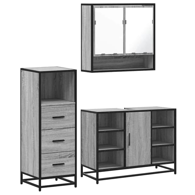 vidaXL 3-Tlg Badmöbel-Set Grau Sonoma Holzwerkstoff 3301063