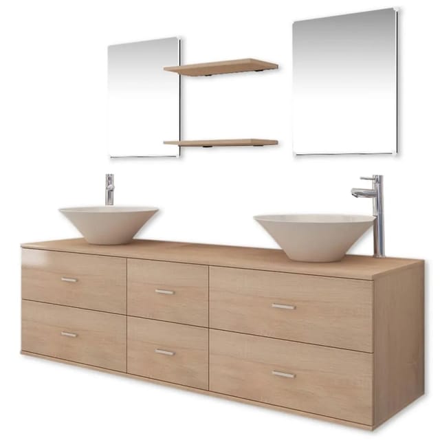 vidaXL 9-Tlg Badmöbel-Set mit Waschbecken und Wasserhahn Beige 273690