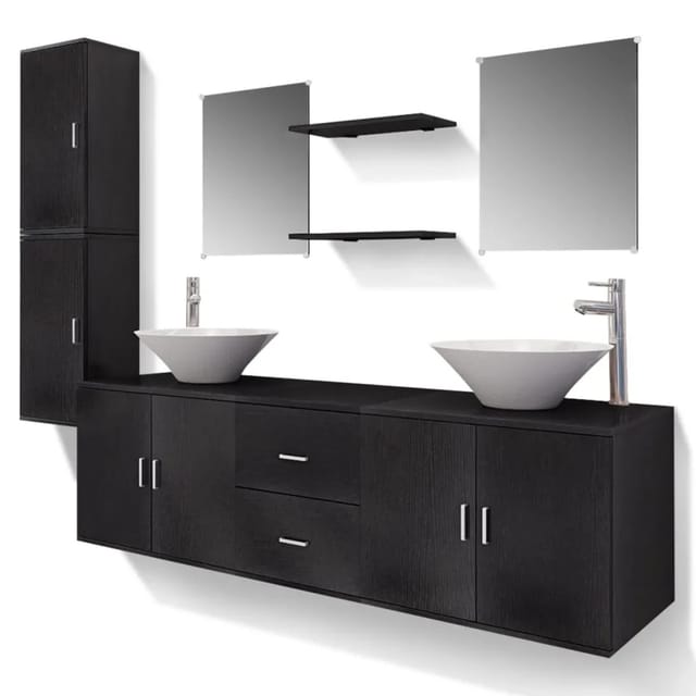 vidaXL 11-Tlg Badmöbel-Set mit Waschbecken und Wasserhahn Schwarz 273687