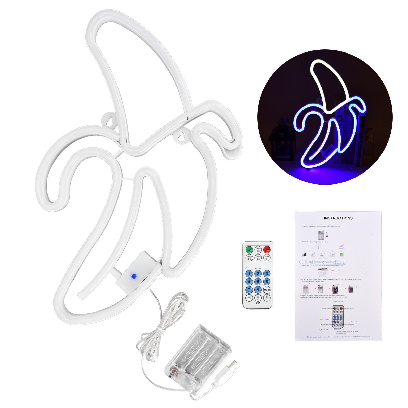 Leuchtende Bananenlampe Mit Fernbedienung, 8 Modi Und Timer, Neon-wanddekoration Fürs Schlafzimmer – Weiß Und Blau