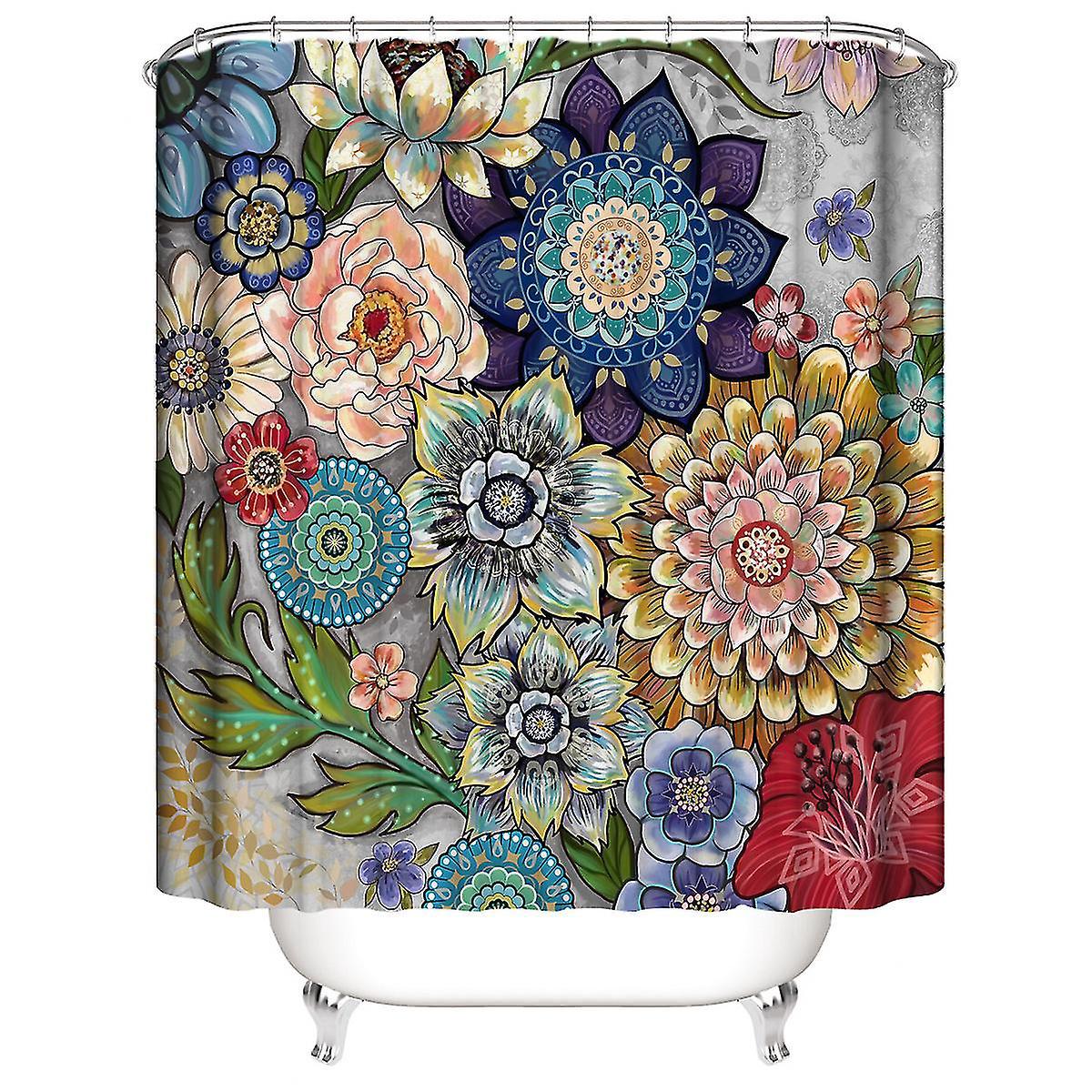 Duschvorhang – Bunte Blumen, Naturmotiv – 180 X 200 Cm – Waschbar – Schimmelresistent – Wasserdicht – Mit 12 Ringen – Rot, Grün, Blau, Braun, Gelb (1 Stück)