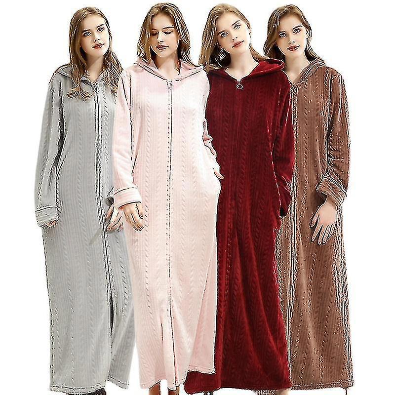 Damen-bademantel Mit Kapuze, Warm Und Weich, Fleece, Reißverschluss, Lang, Größe M, Braun