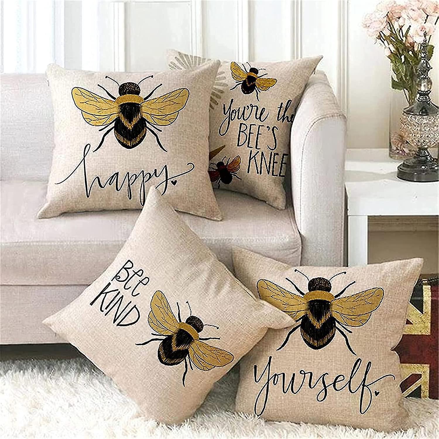 Bienen-kissenbezüge Für Den Außenbereich, Wasserdicht, Dick Und Strapazierfähig, Gelb, 4er-set, Dekorativ Für Haus Und Garten, Für Sofa, Leinen, Quadratisch.