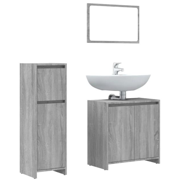 vidaXL 3-Tlg Badmöbel-Set Grau Sonoma Holzwerkstoff 3143932