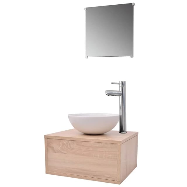 vidaXL 4-Tlg Badmöbel-Set mit Waschbecken und Wasserhahn Beige 273686