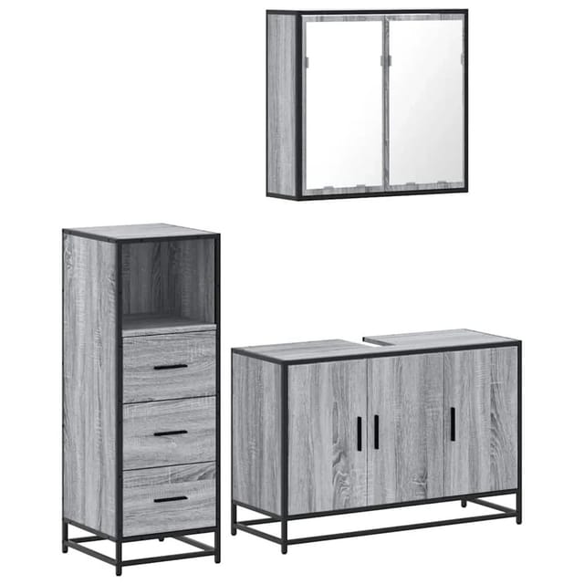 vidaXL 3-Tlg Badmöbel-Set Grau Sonoma Holzwerkstoff 3301013