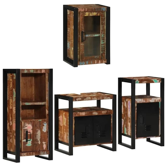 vidaXL Badezimmermöbel Set mit Tür 4-Tlg Mehrfarbig Massives Altholz 3305687