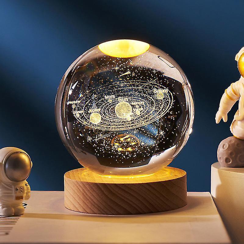 3d-kristallkugel Mit Holzsockel, 3d-led-nachtlicht, Galaxie-kristall-heimdekoration – Sonnensystem