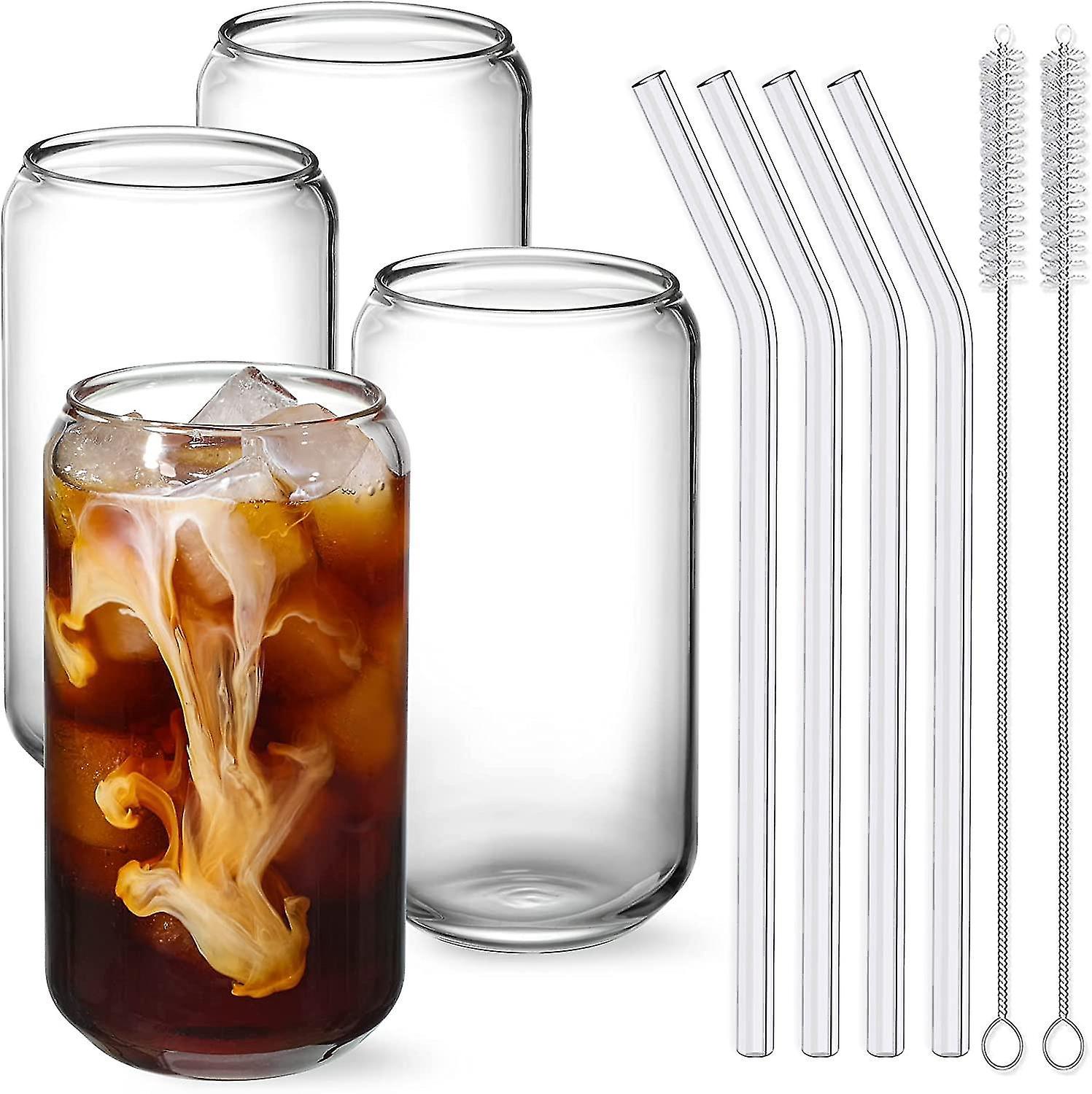 Set Aus 4 Gläsern Mit Glasstrohhalm - 473 Ml (16 Oz) Dosenförmige Gläser, Biergläser, Eiskaffeegläser, Hübsche Becher, Ideal Für Whisky, Limonaden Usw.