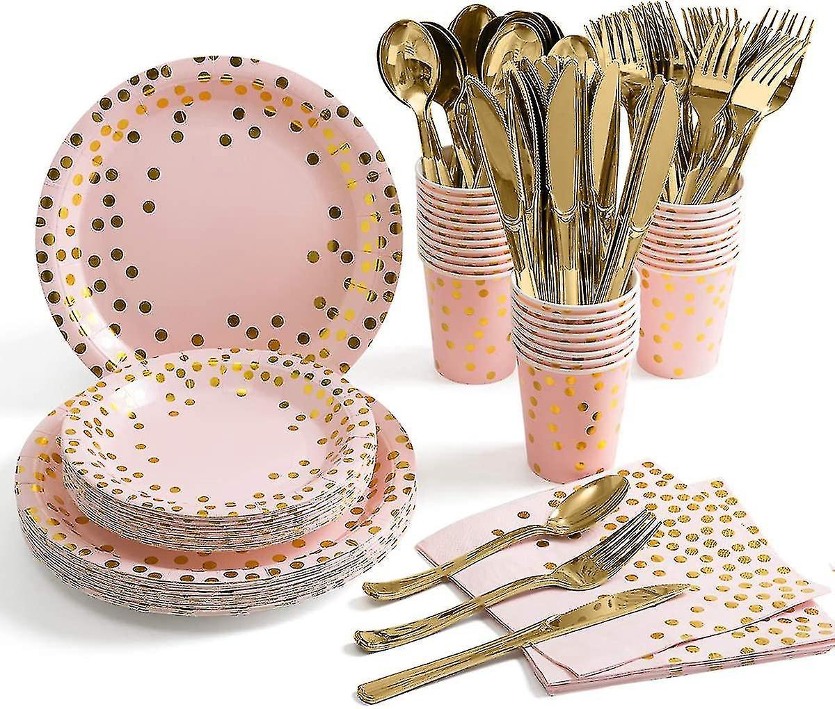 175-teiliges Einweggeschirr-set In Gold Für 25 Personen: Teller, Servietten Und Pappbecher Mit Gold-, Rosa- Und Gold-punkten. Ideal Für Hochzeiten, Junggesellinnenabschiede, Babypartys Oder Andere Anl