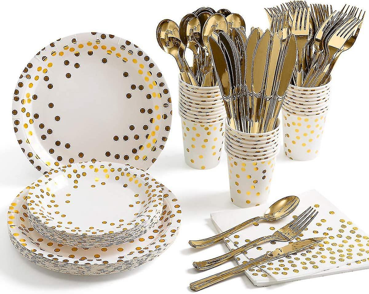 175-teiliges Goldenes Einweggeschirr-set Für 25 Personen: Teller, Servietten Und Pappbecher Mit Goldenen Punkten, Ideal Für Hochzeiten, Junggesellinnenabschiede, Babypartys Usw. – Weiß Und Gold