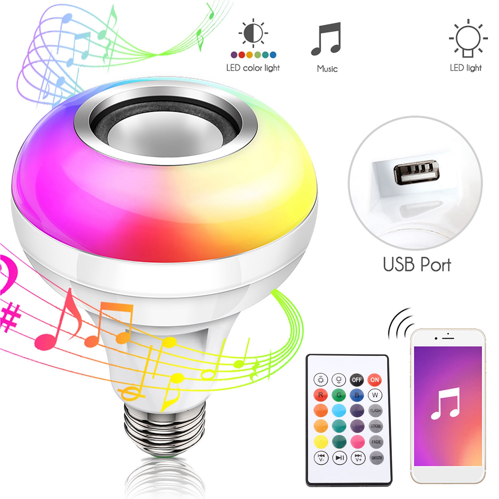 Rgbw-led-lampe Mit Bluetooth Und 24-tasten-fernbedienung, Kompatibel Mit E26/e27, 100–240 V Wechselstrom, Musiksteuerung Per App