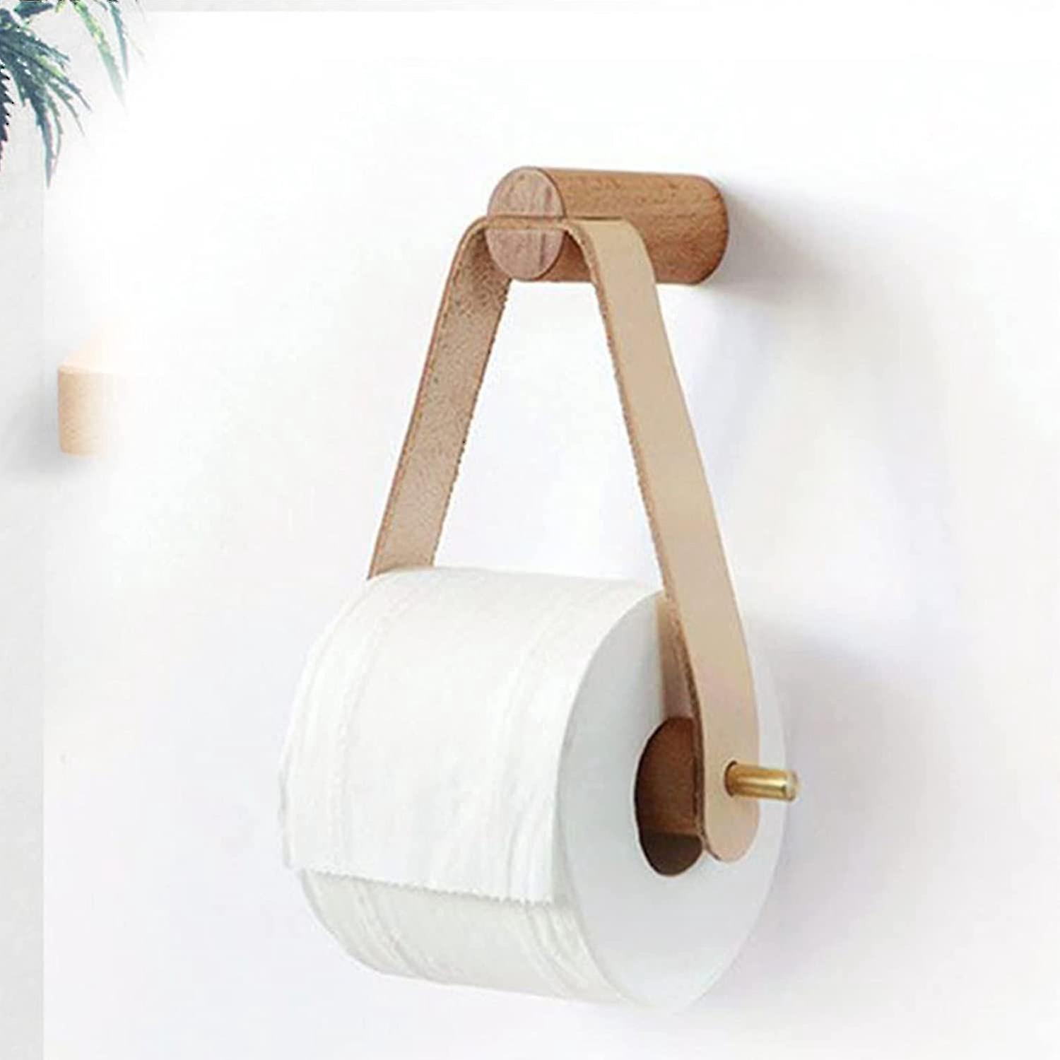 Wandmontierter Toilettenpapierhalter Aus Holz Und Leder, Rustikaler Toilettenpapierhalter Zur Wandbefestigung, Elegante Und Natürliche Badezimmeraccessoires Mit Klebefläche.