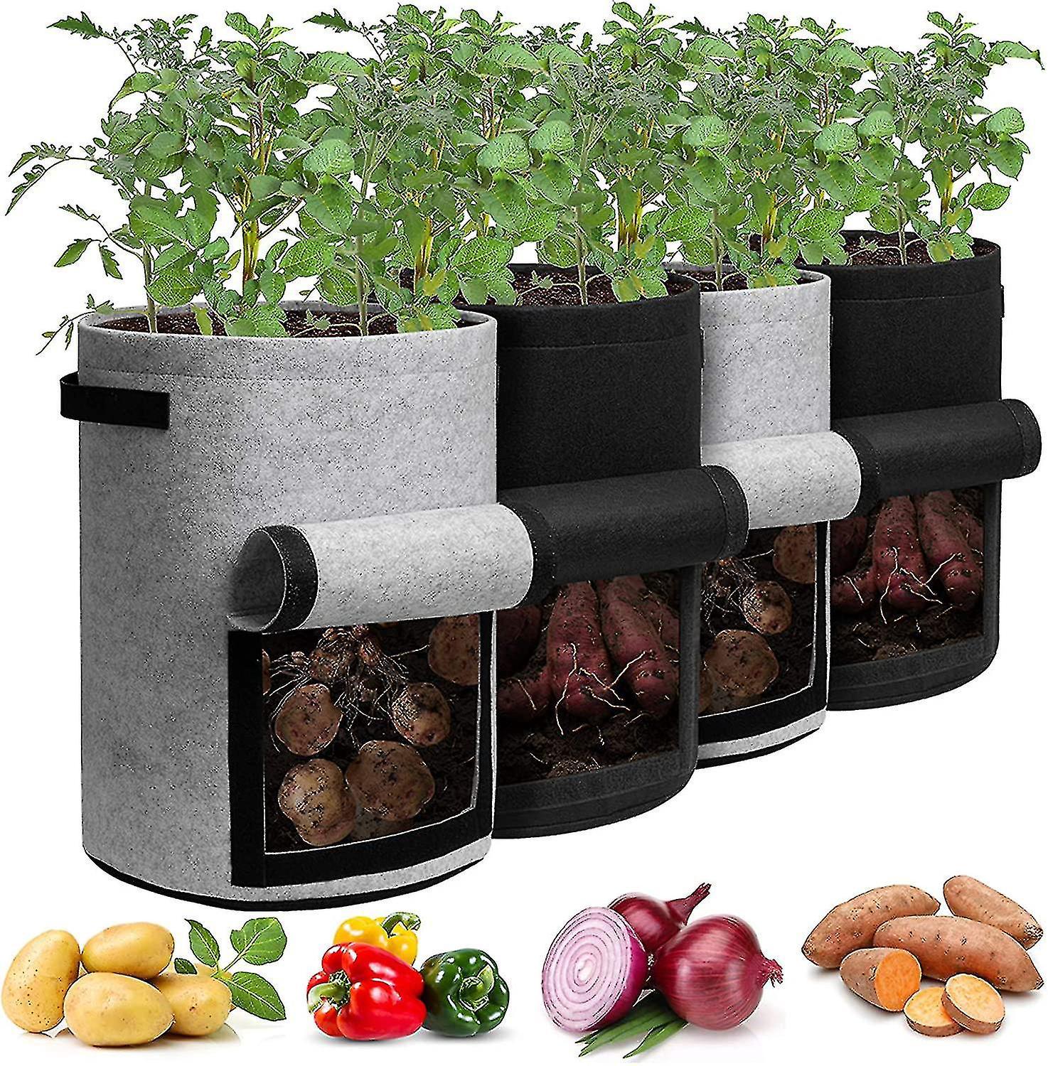 Homyhoo Kartoffelpflanzsäcke Mit Klappe, 10 Gallonen, 4er-set, Pflanztöpfe Mit Griffen Und Erntefenster Für Kartoffeln, Tomaten Und Gemüse, Schwarz Und Grau.