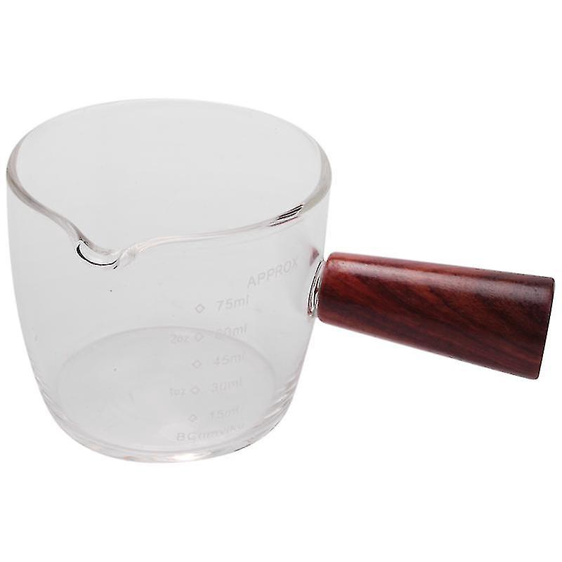 Messbecher Aus Glas Für Espresso (75 Ml), Dreifacher Barista-krug Mit Einem Ausguss Und Holzgriff.