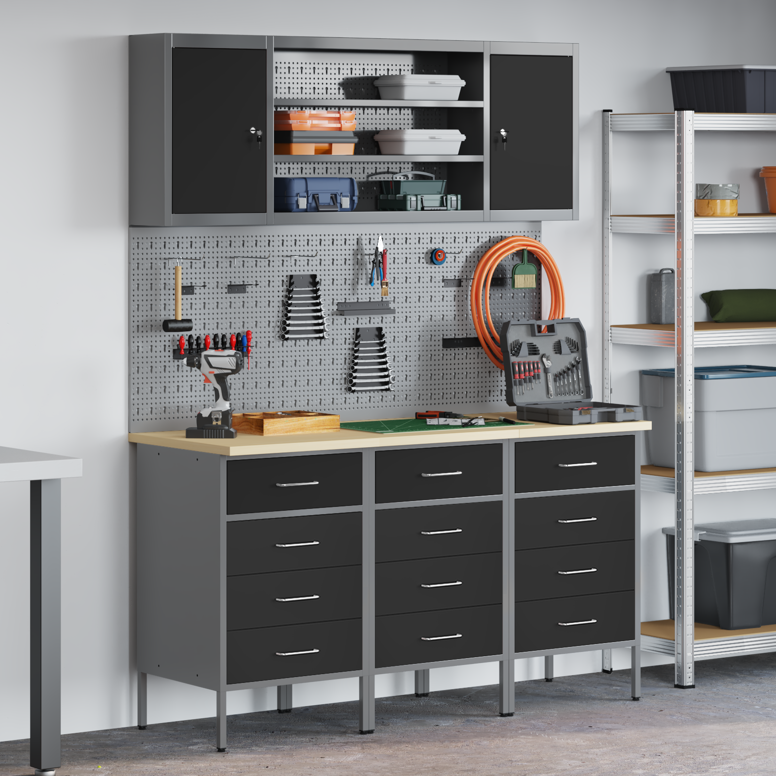 Werkbank Mit Schubladen 7 Pcs Schwarz Ingenieure Holz Und Stahl