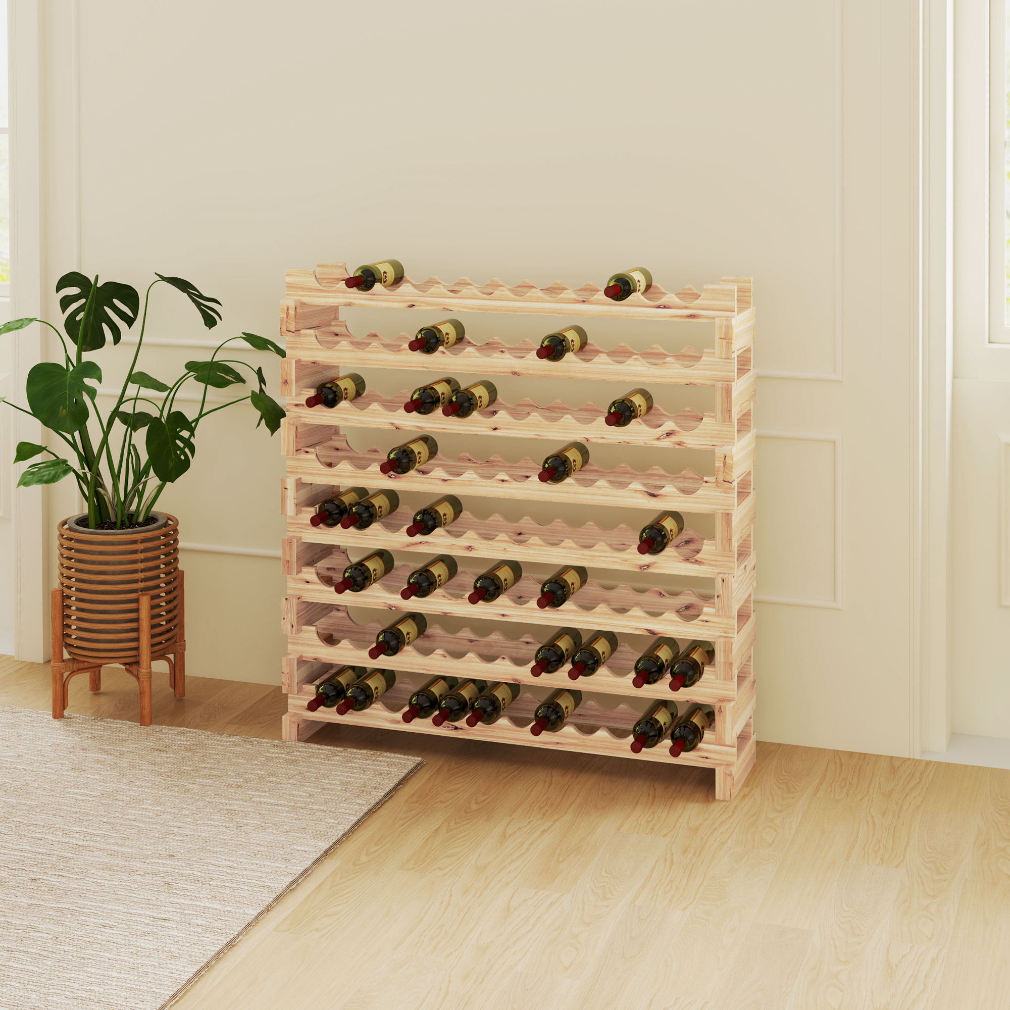Weinregal Aus Tannenholz, Weinkeller Mit 8 Ablagen Für 96 Flaschen Und Maximaler Traglast 100 Kg, 114 X 28 X 113,5 Cm, Naturholz
