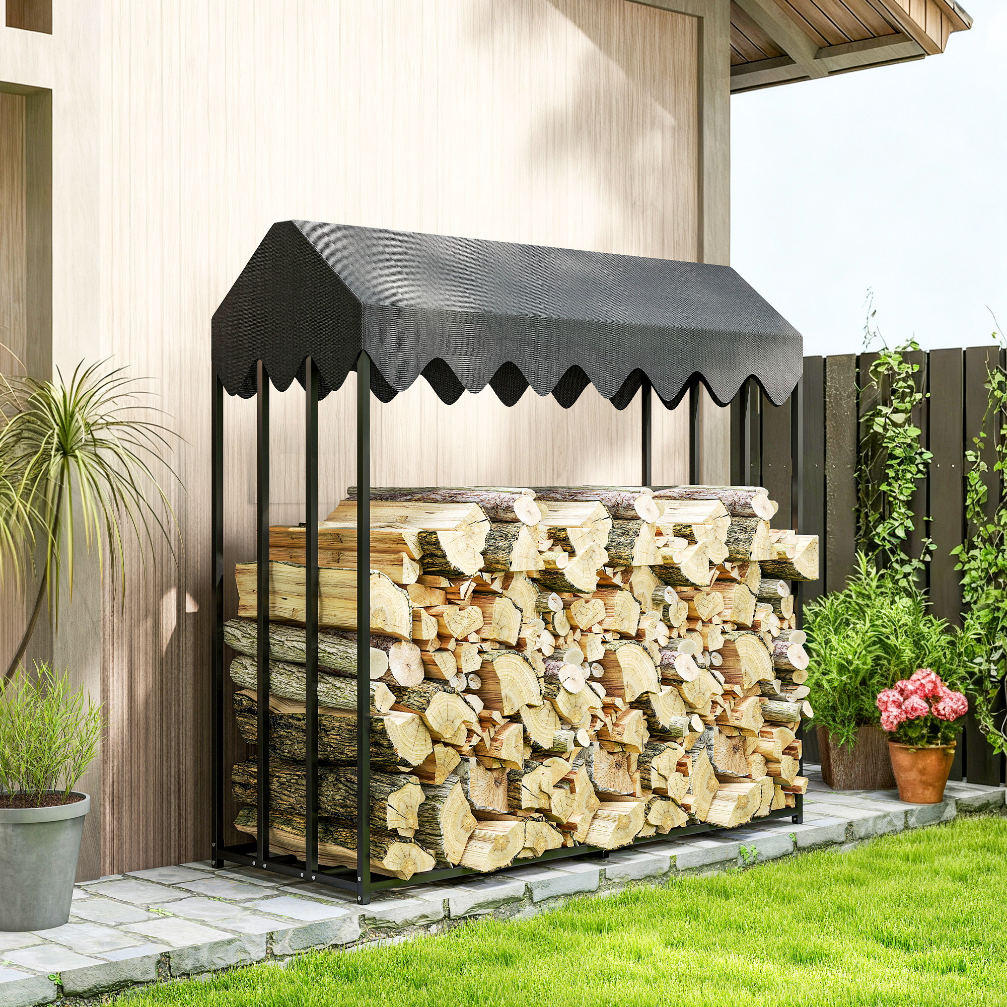 Metallenes Kaminholzregal Für Den Außenbereich Mit Wasserdichter Abdeckung, Tragkraft 300 Kg, 186 X 70 X 185 Cm, Schwarz