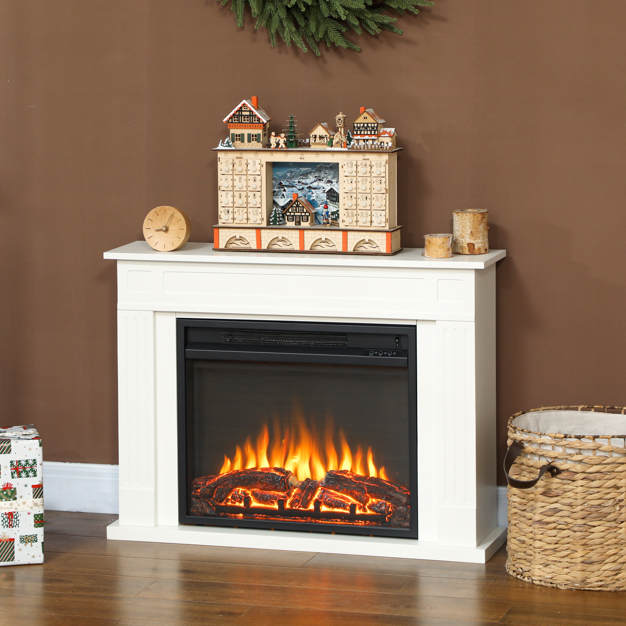 Elektrischer Kamin Mit Rahmen Und Realistischer 3d-flamme, 5 Helligkeitsstufen, 2000 W, Leiser Elektrokamin Mit Thermostat, Einstellbarer Heizleistung, Timer, Fernbedienung, 30 M², Weiß
