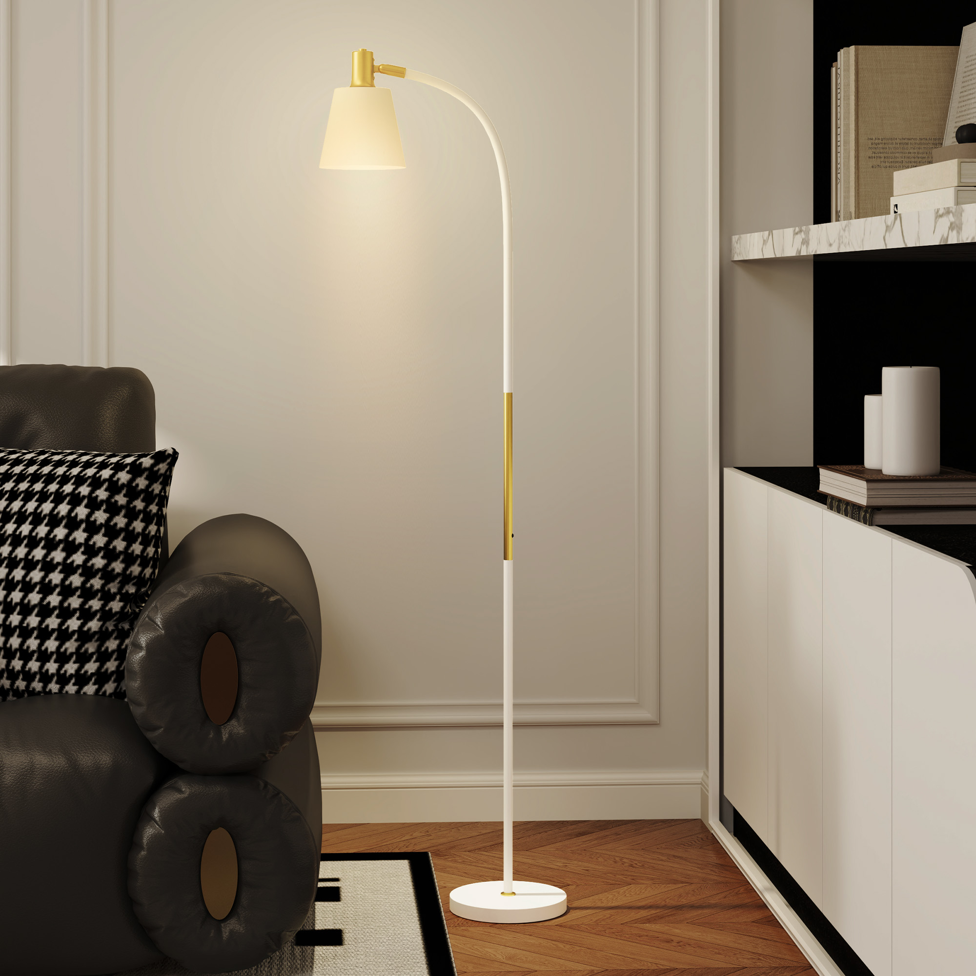 Led-stehlampe Mit Verstellbarer Höhe Und Leseschirm, 49 X 21 X 127–160 Cm, Weiß Und Gold
